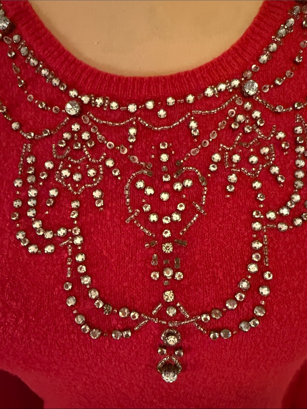 Red Embellished Women's Sweater - Classic Crewneck - Picture 2 of 5